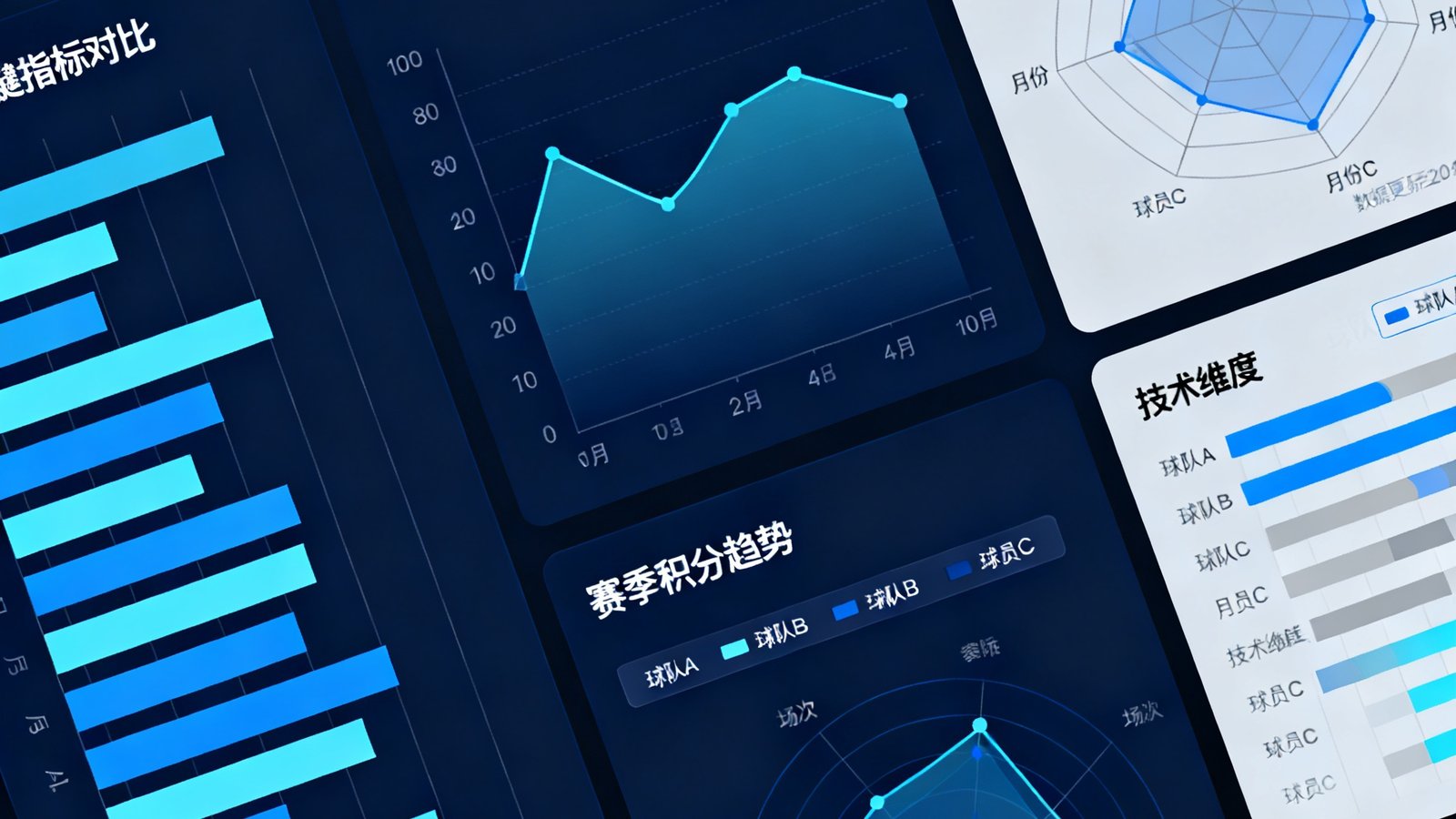 数据统计仪表盘综合展示界面，包含球队关键指标对比柱状图、赛季积分趋势折线图以及球员个人数据雷达图，配色专业且信息密度高